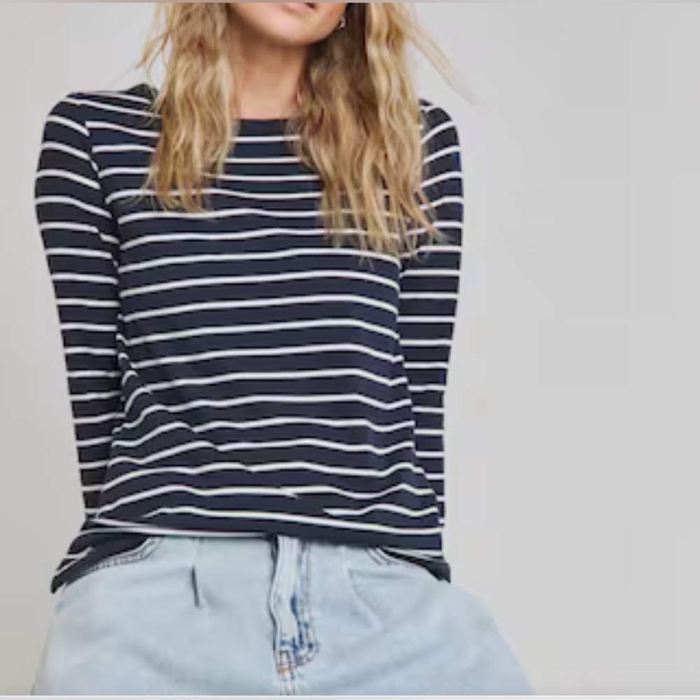 Zara Navy and White Striped Long Sleeve Top with faux suede elbow patches